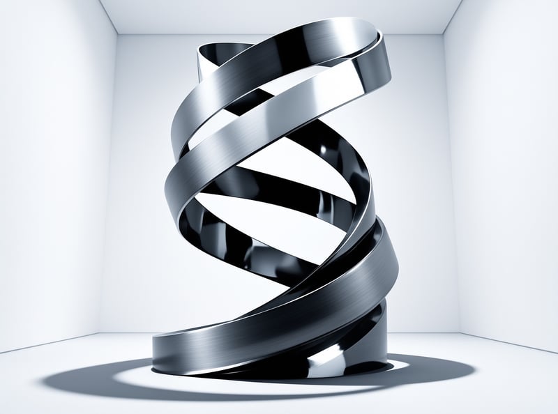 A mirror polished metal band twists upward in looping curves, set against a bright minimalist corner.