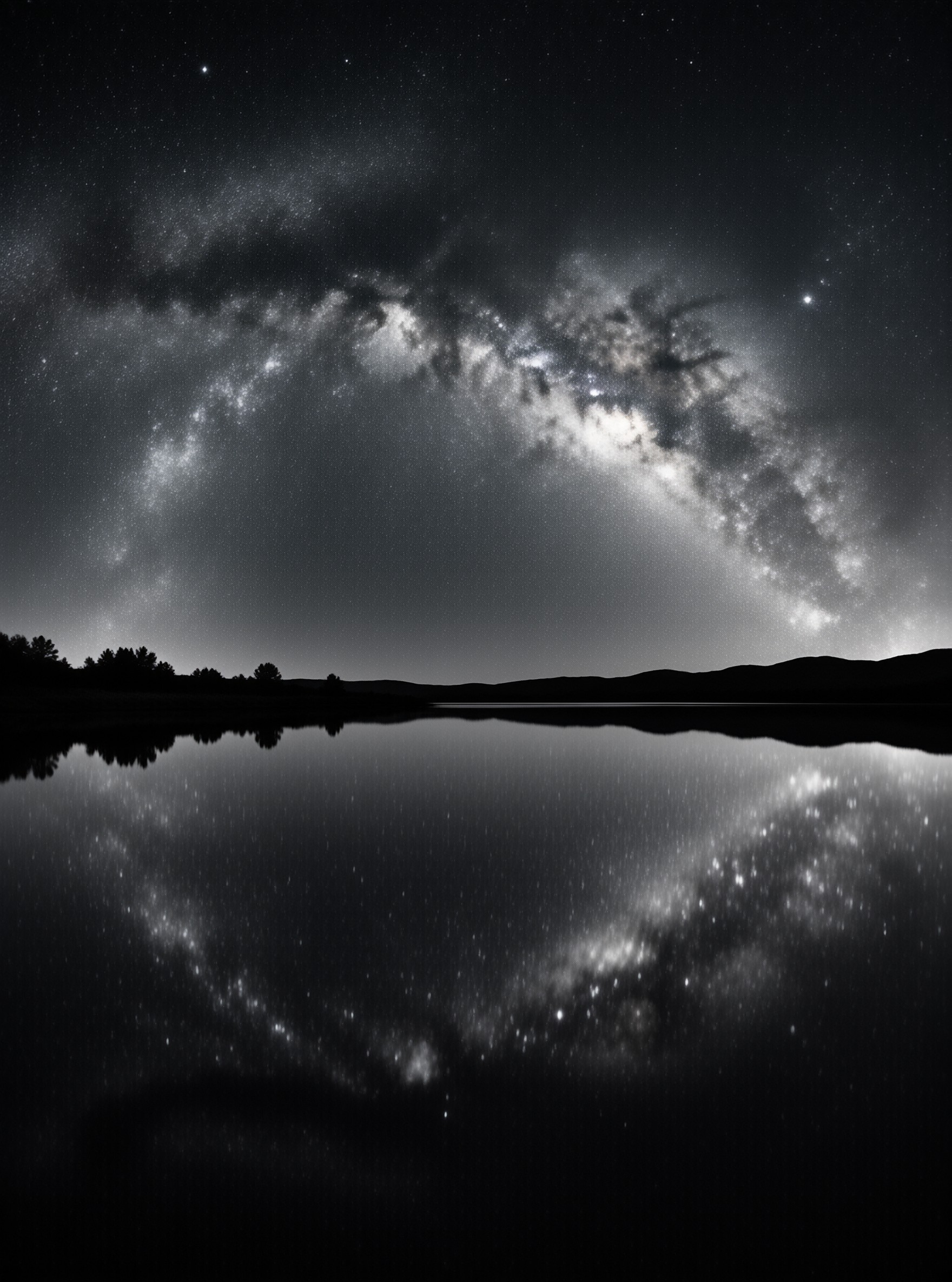 Countless stars curve in a bright band over calm water that mirrors every point of light