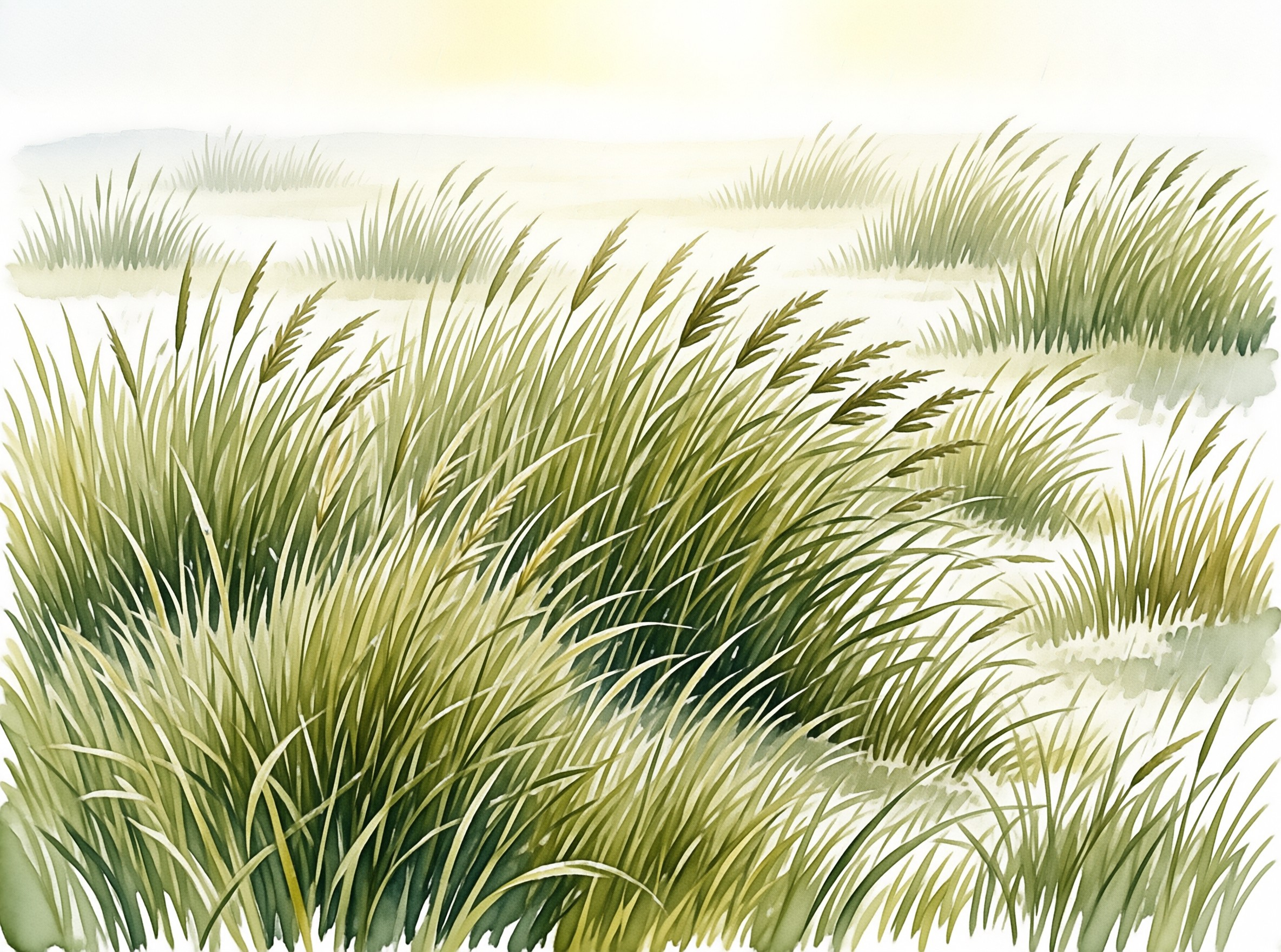 A painted scene shows tall green vegetation curving in a meadow beneath a bright yellow sky.