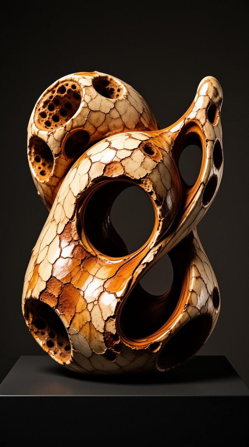 This twisted organic object displays a fractured surface pattern while resting on a black platform.