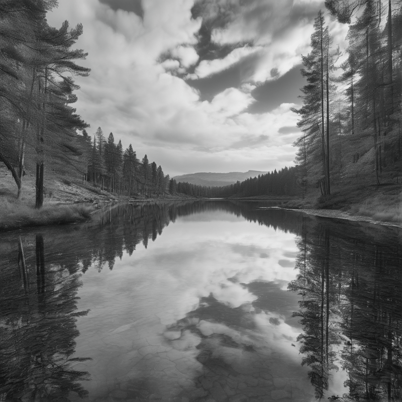 A monochrome landscape of a calm lake mirroring tall conifers and a cloud filled sky between wooded hills.