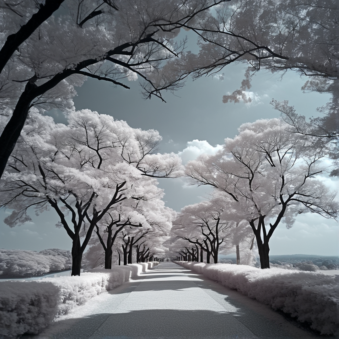 A straight snow covered pathway is flanked by rows of trees with bright white foliage under a pale partly cloudy sky.