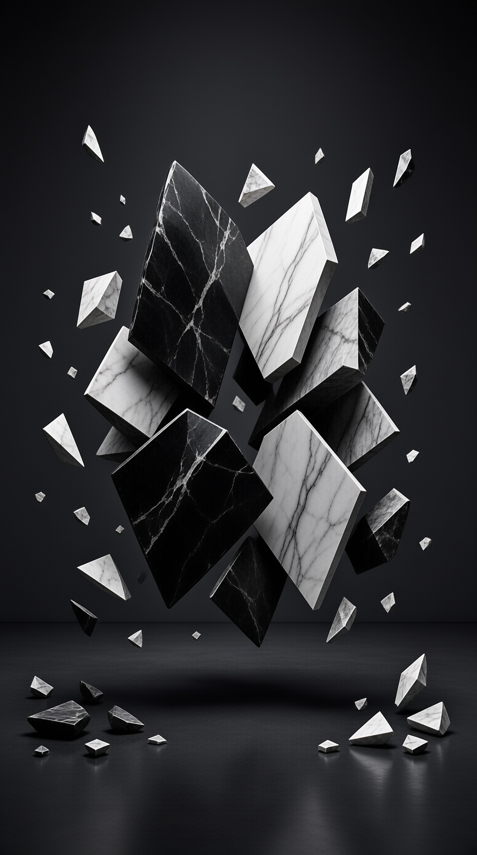 Monochromatic marble shards suspended mid-air against a dark background with sharp shadows and studio lighting.