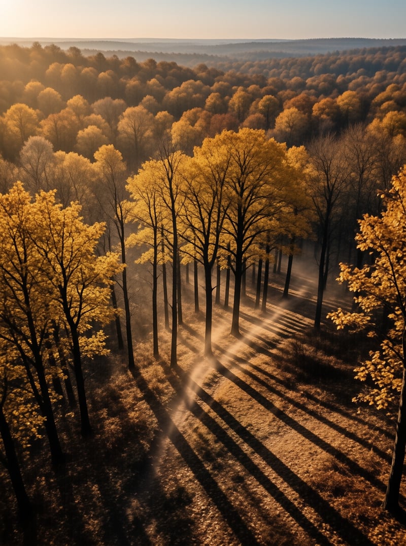 An aerial fall landscape of glowing yellow canopies stretches to a hazy horizon while raking sunlight throws long shadows.