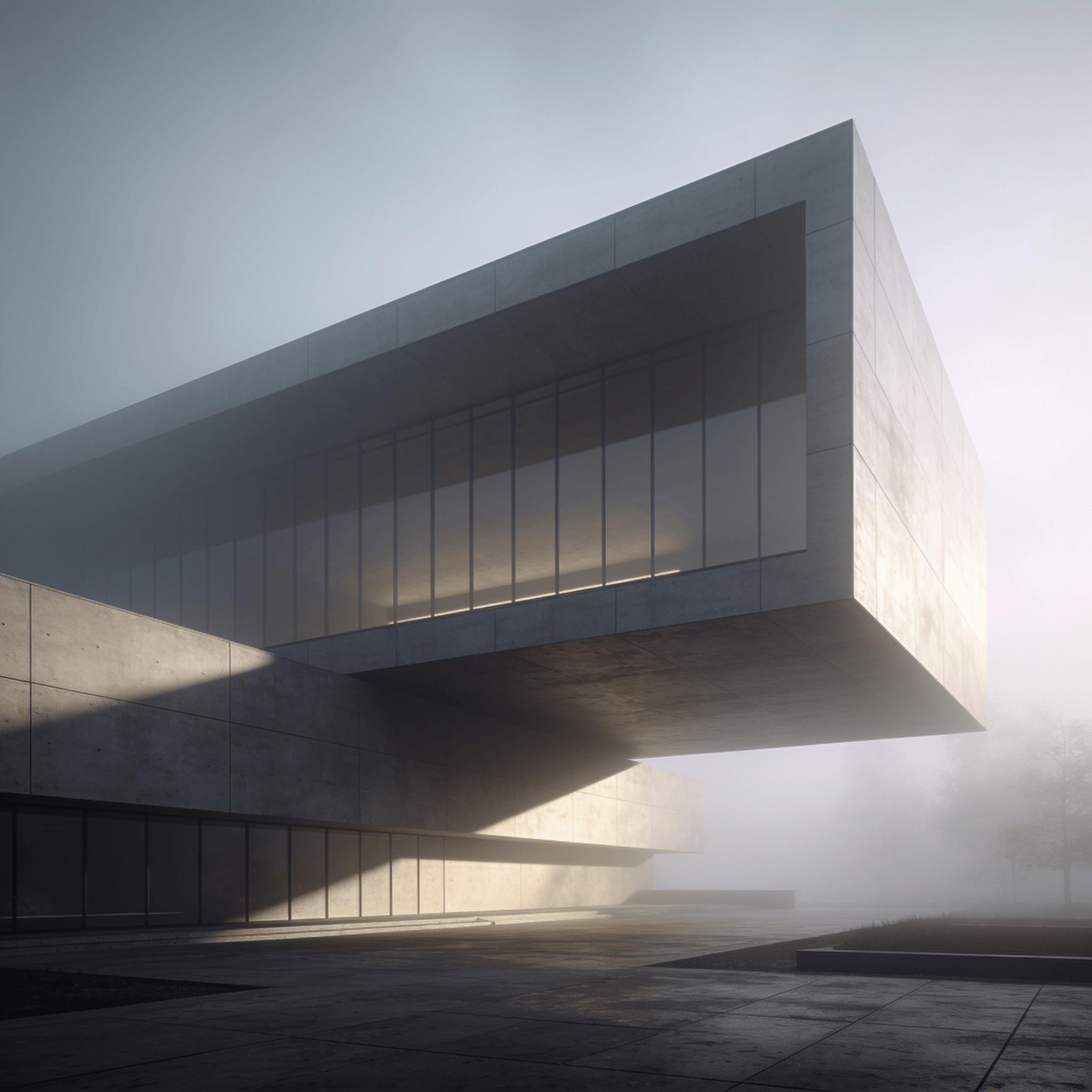 Museum with Floating Cantilever — Foggy Morning