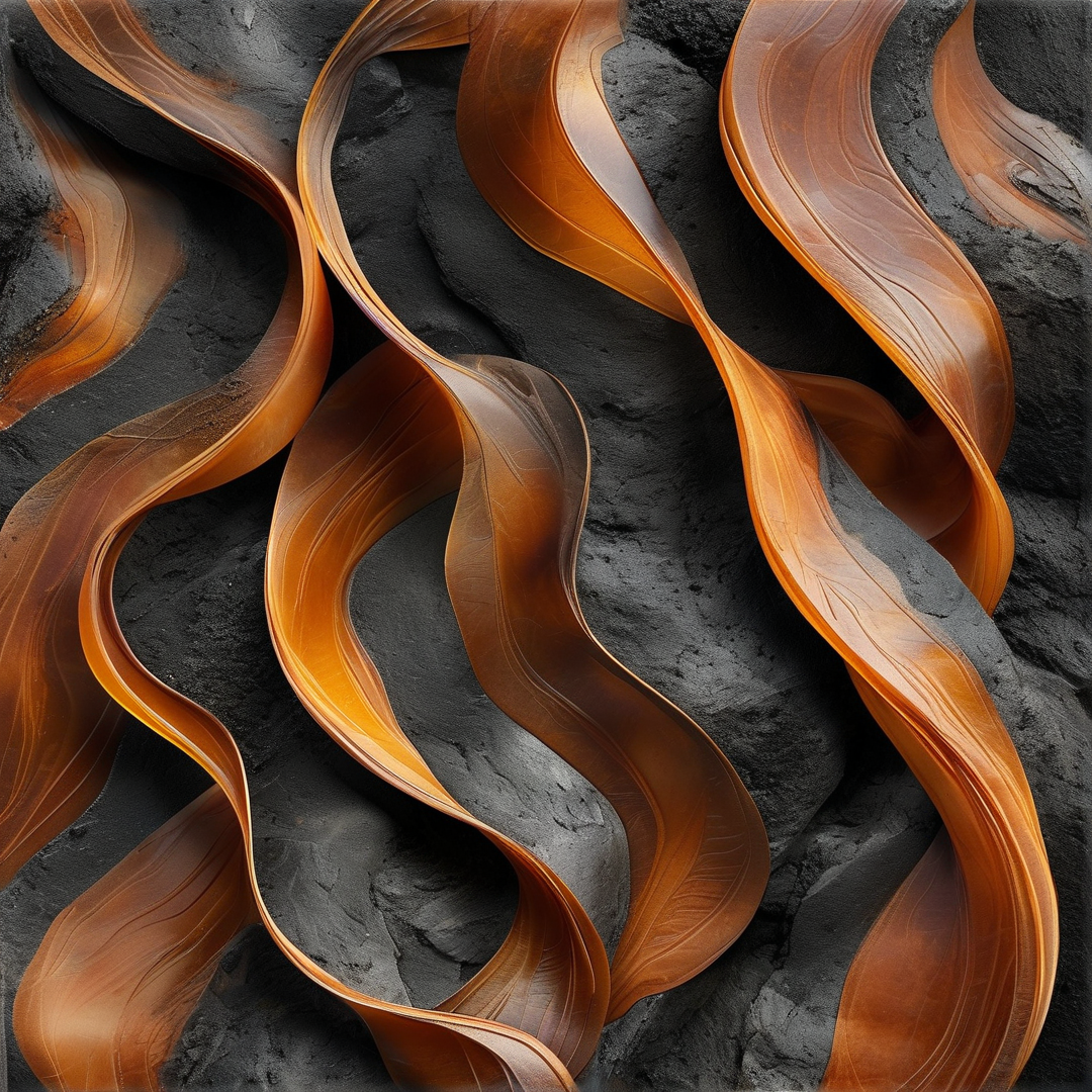 Polished amber metallic strips curve and overlap on a textured dark cracked stone surface, with warm light highlighting their ridges.