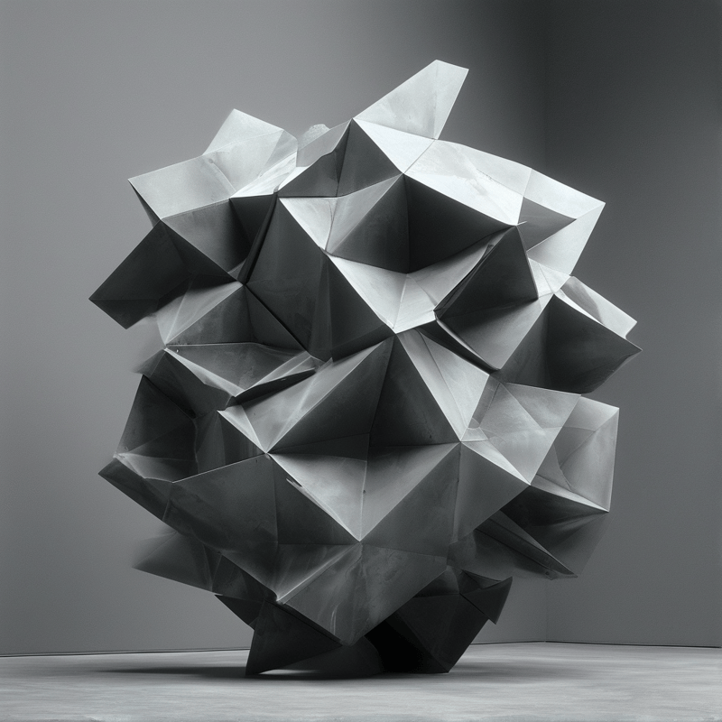 A large angular white paper sculpture stands in a corner of a room with grey walls and soft directional lighting.