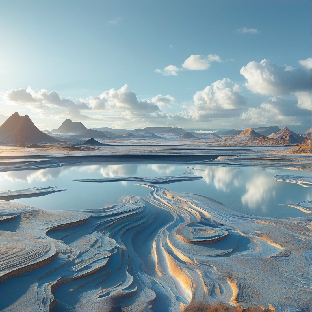 A landscape showing smooth water channels and sand ripples beneath a bright sky with scattered clouds.