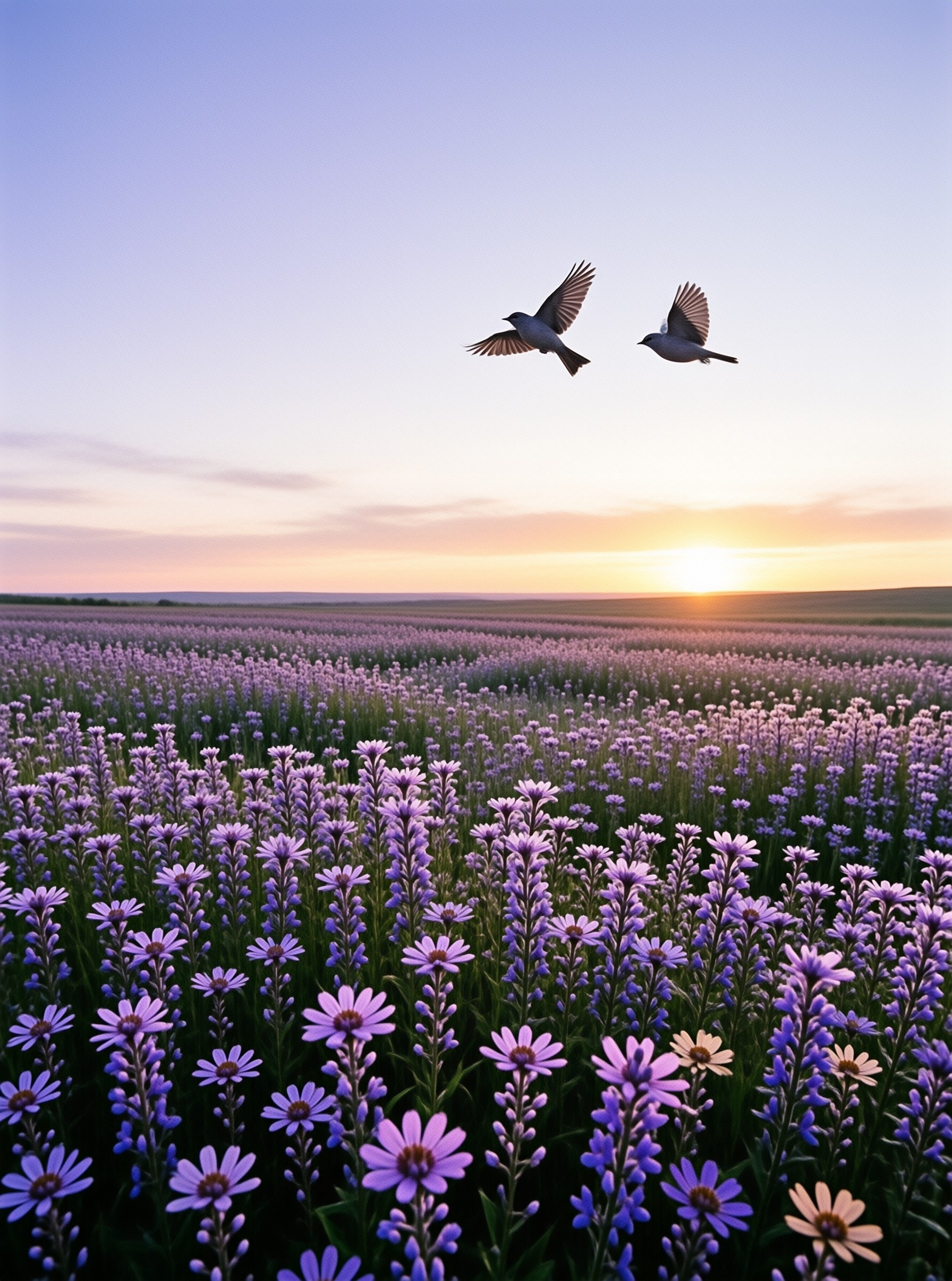 Two birds soar over a vast purple flower field while the sun dips below the distant horizon line.