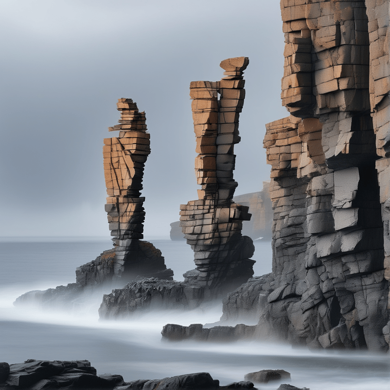 Three tall columns of flat stones stand in misty coastal waters under an overcast sky