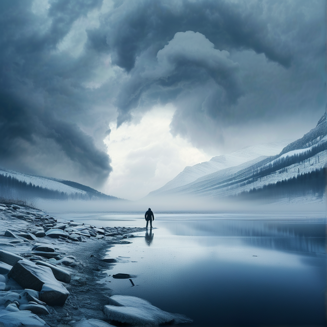 Lone Walker at Frozen Lake