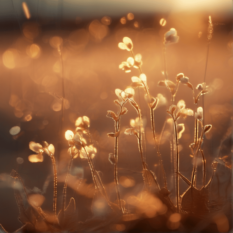 Translucent plant stems rise against a blurred golden background with soft circular light spots.