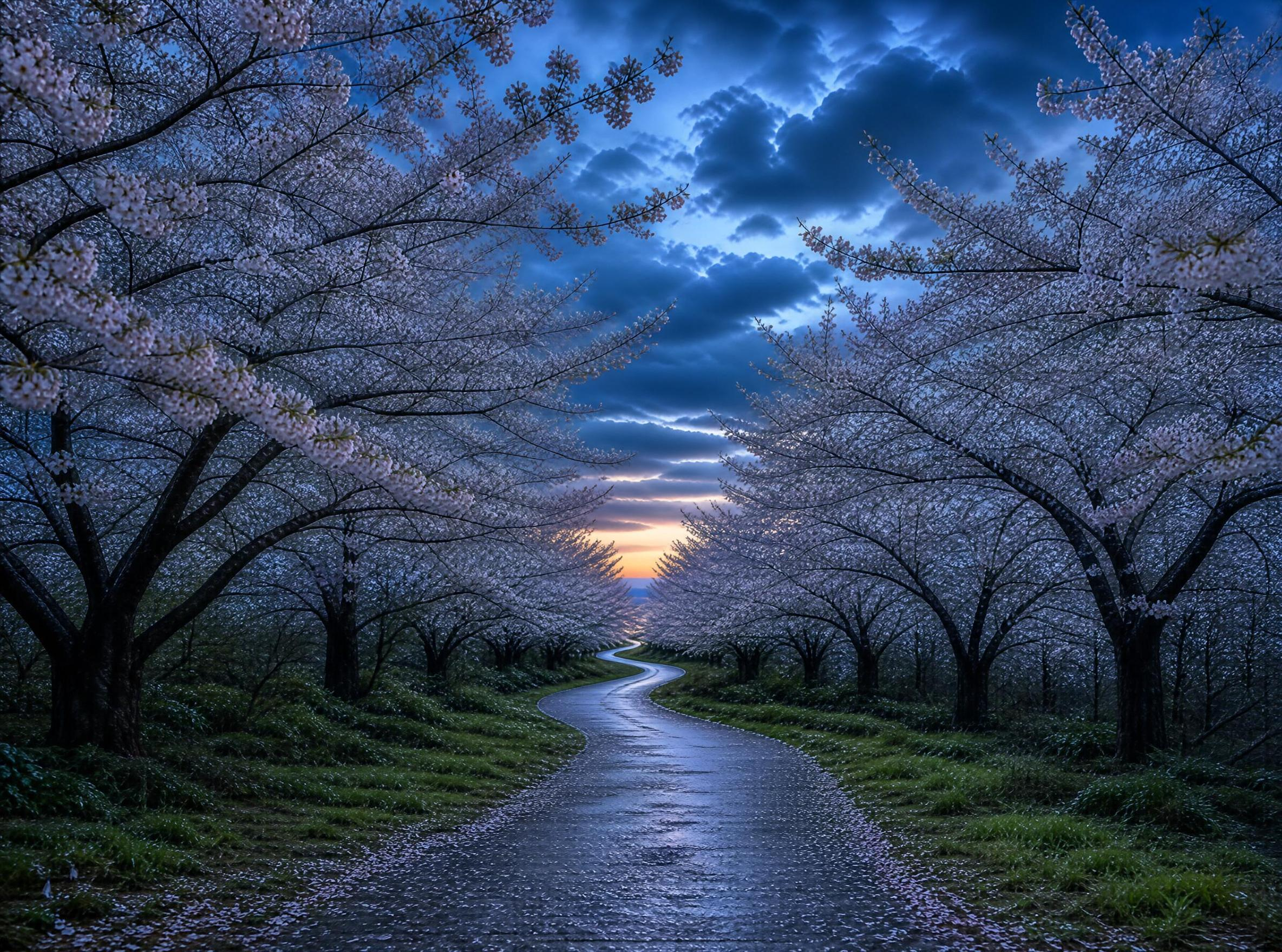 Cherry Blossom Path at Dusk