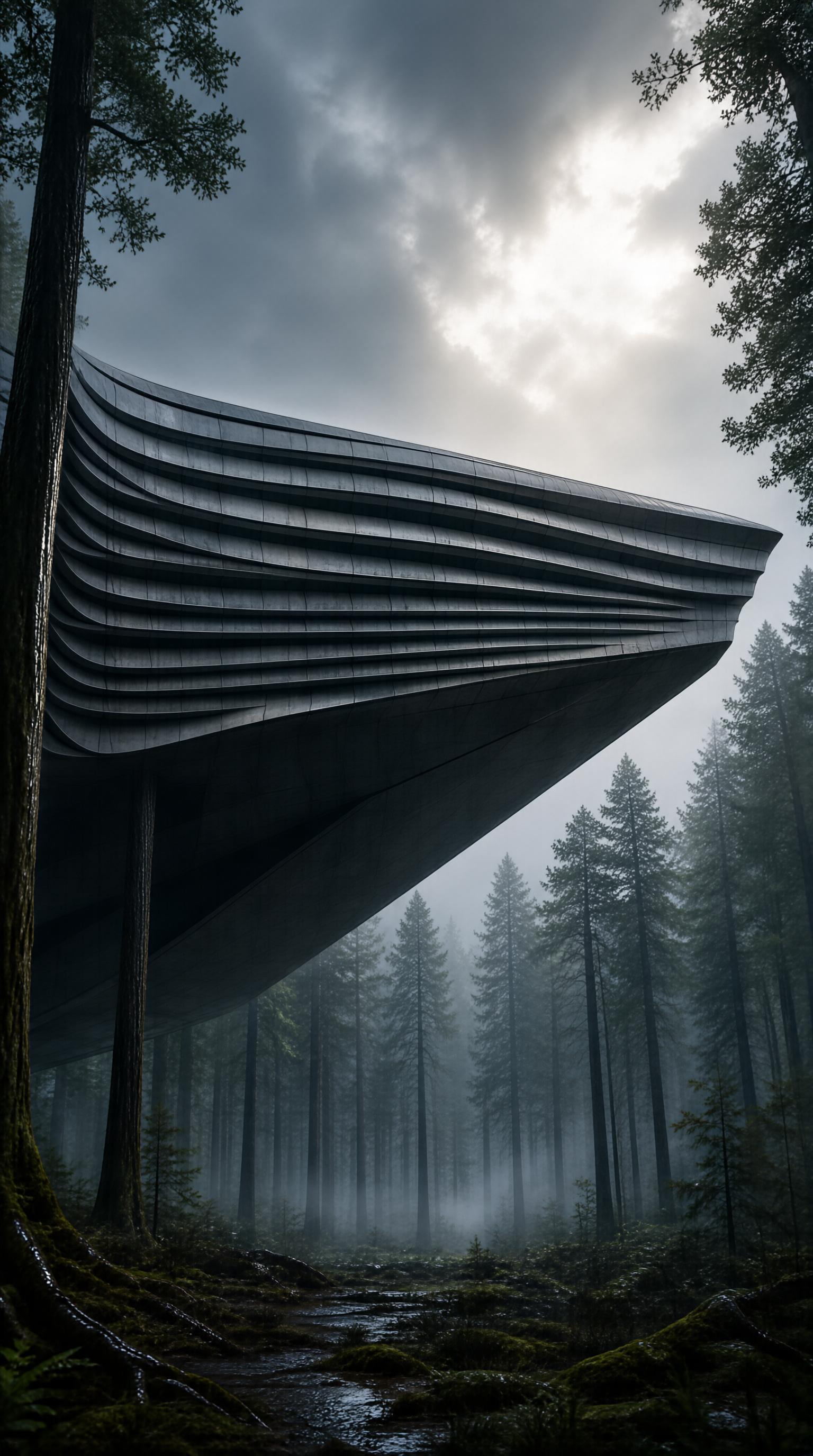 Modern Building in Misty Forest