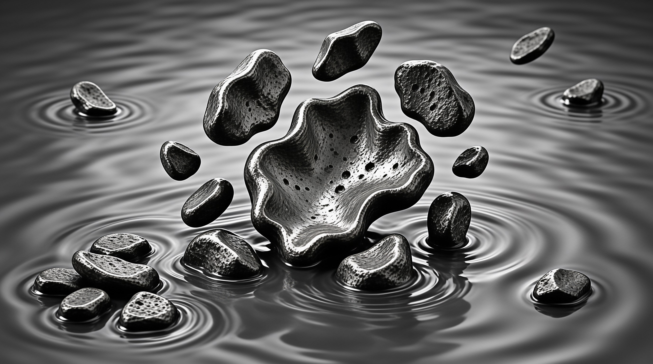 A dark porous stone bowl floats above rippling water surrounded by smooth pebbles creating concentric circles