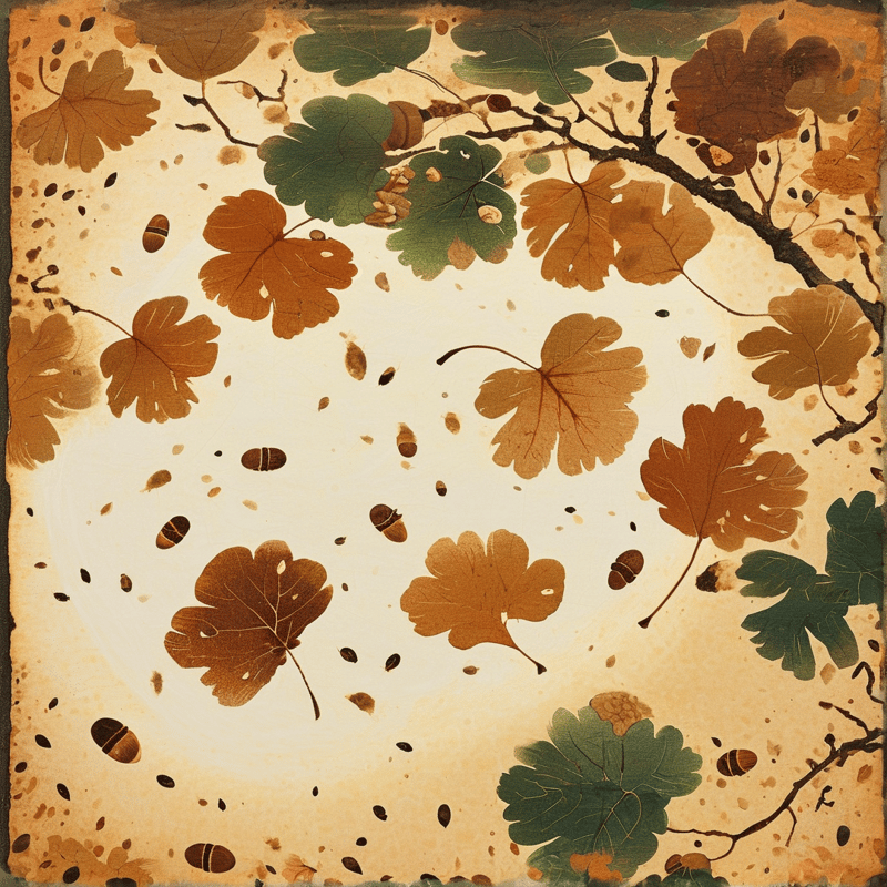 Autumn oak leaves and acorns are painted on a faded ochre aged canvas with dark curved branches at the frame edges.