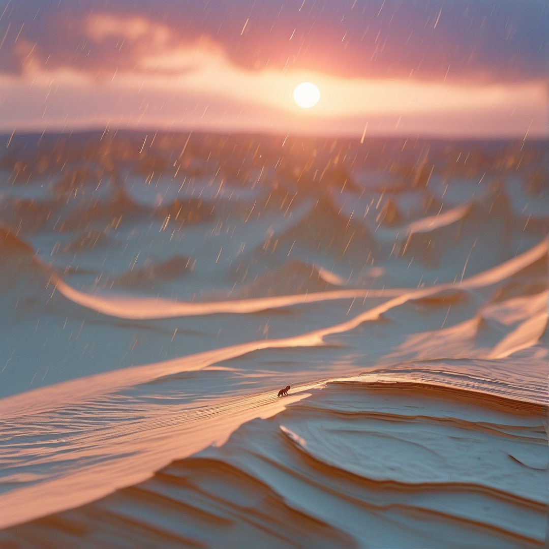 A tiny dark figure walks along wind carved sand dunes in warm low sunset light while pale snow streaks drift through the hazy air above the landscape