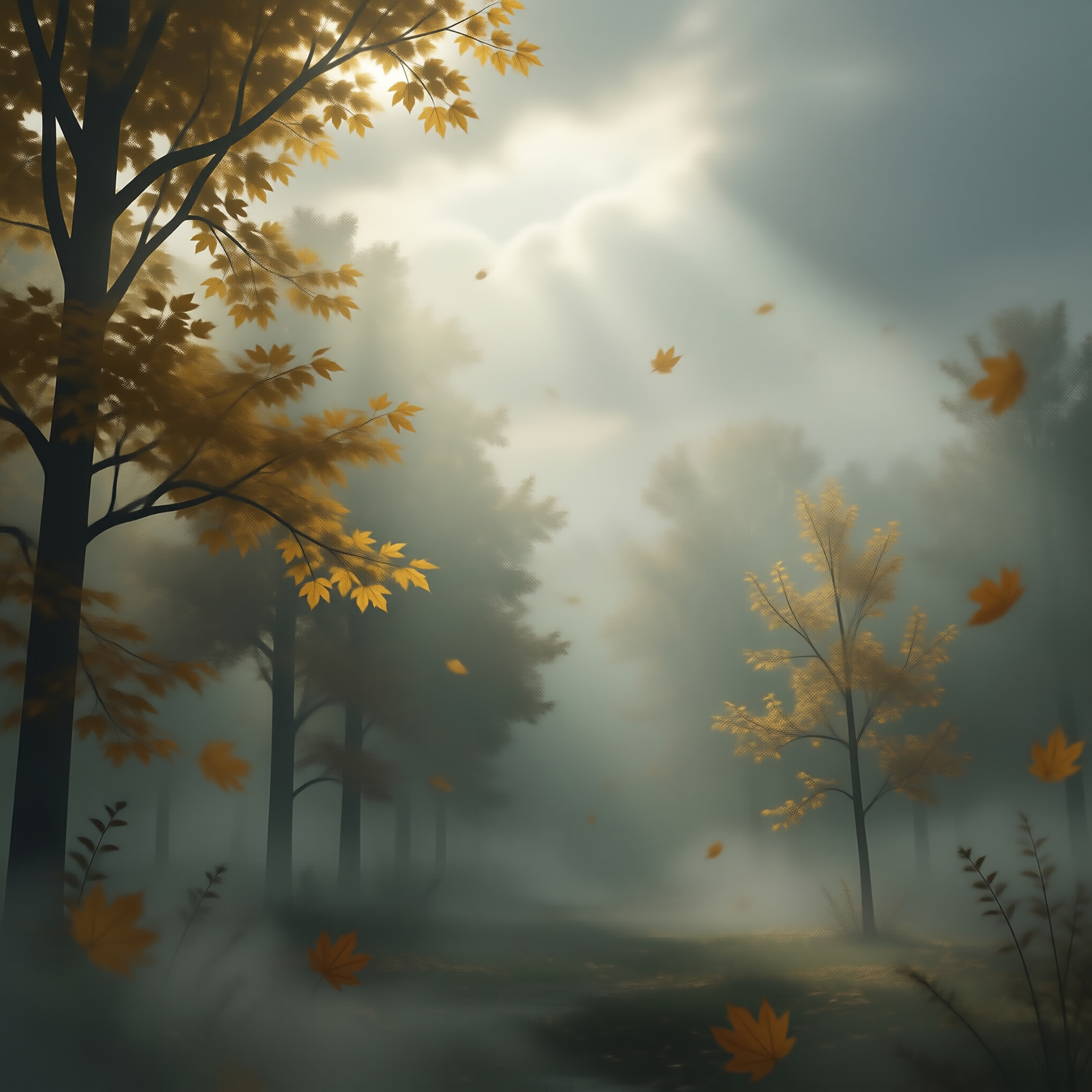 Sunlit Misty Autumn Woods