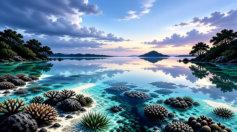 Shallow turquoise water mirrors a soft sunset sky above scattered coral clusters and distant green islets.