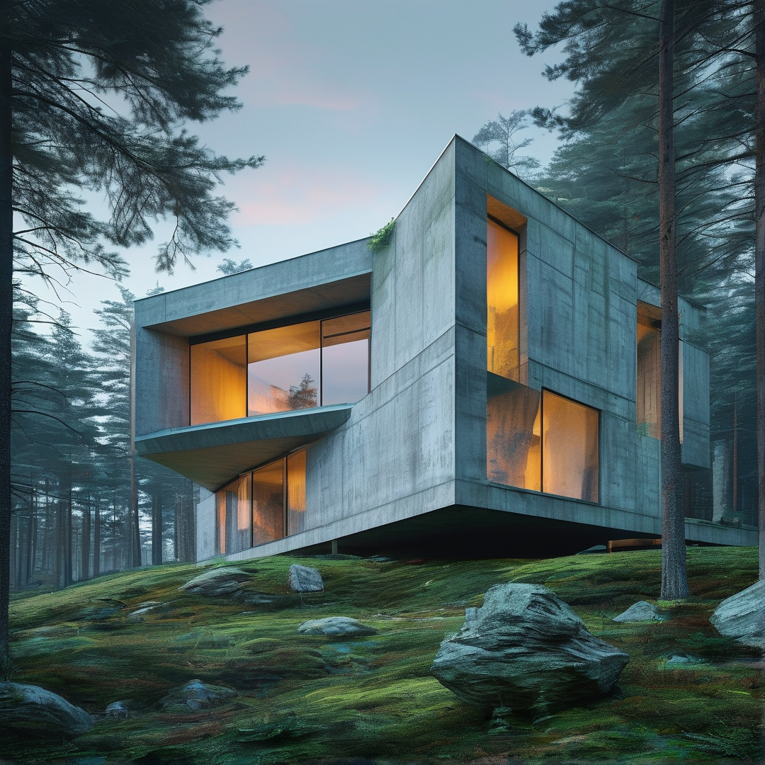A modern concrete house rests on a mossy slope surrounded by tall pine trees at dusk with warm light shining through windows.