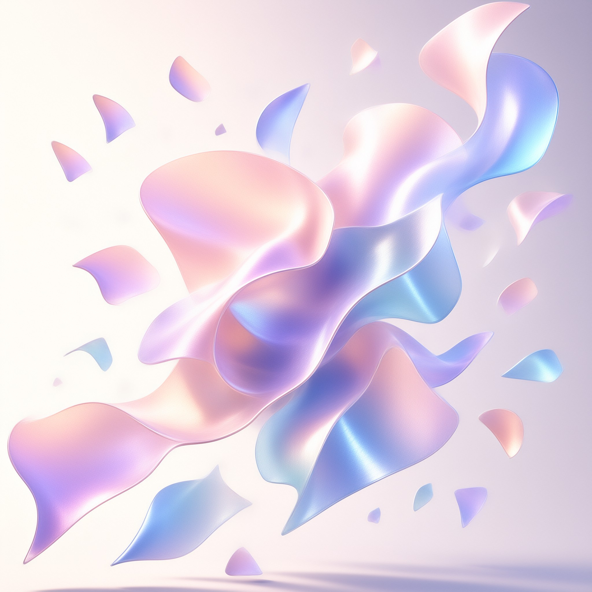 Glossy curved sheets in pink lavender and blue swirl across a bright airy backdrop.