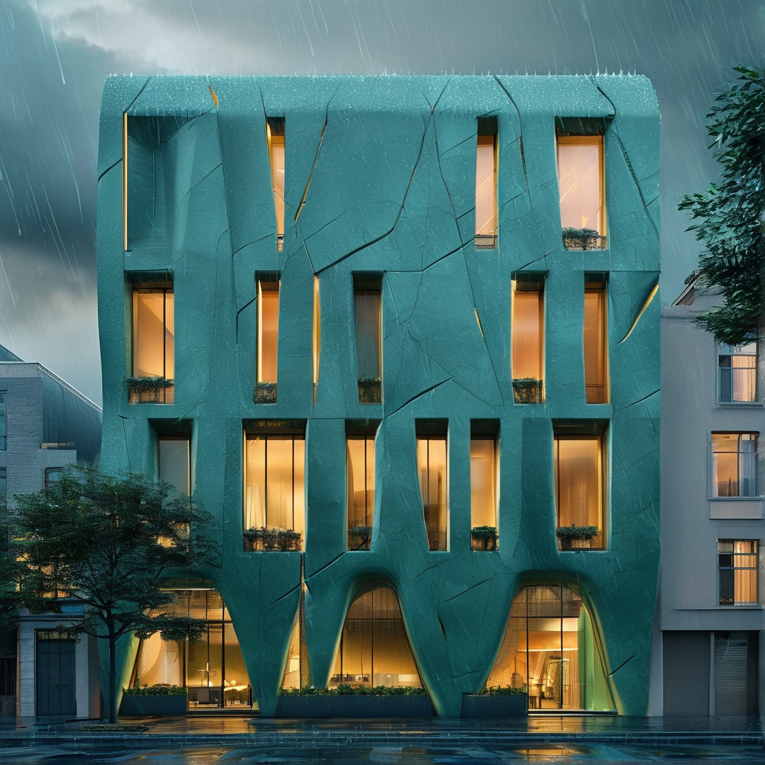 A teal multi-story building with cracked panels and warm glowing windows stands in a rainy urban street at night.