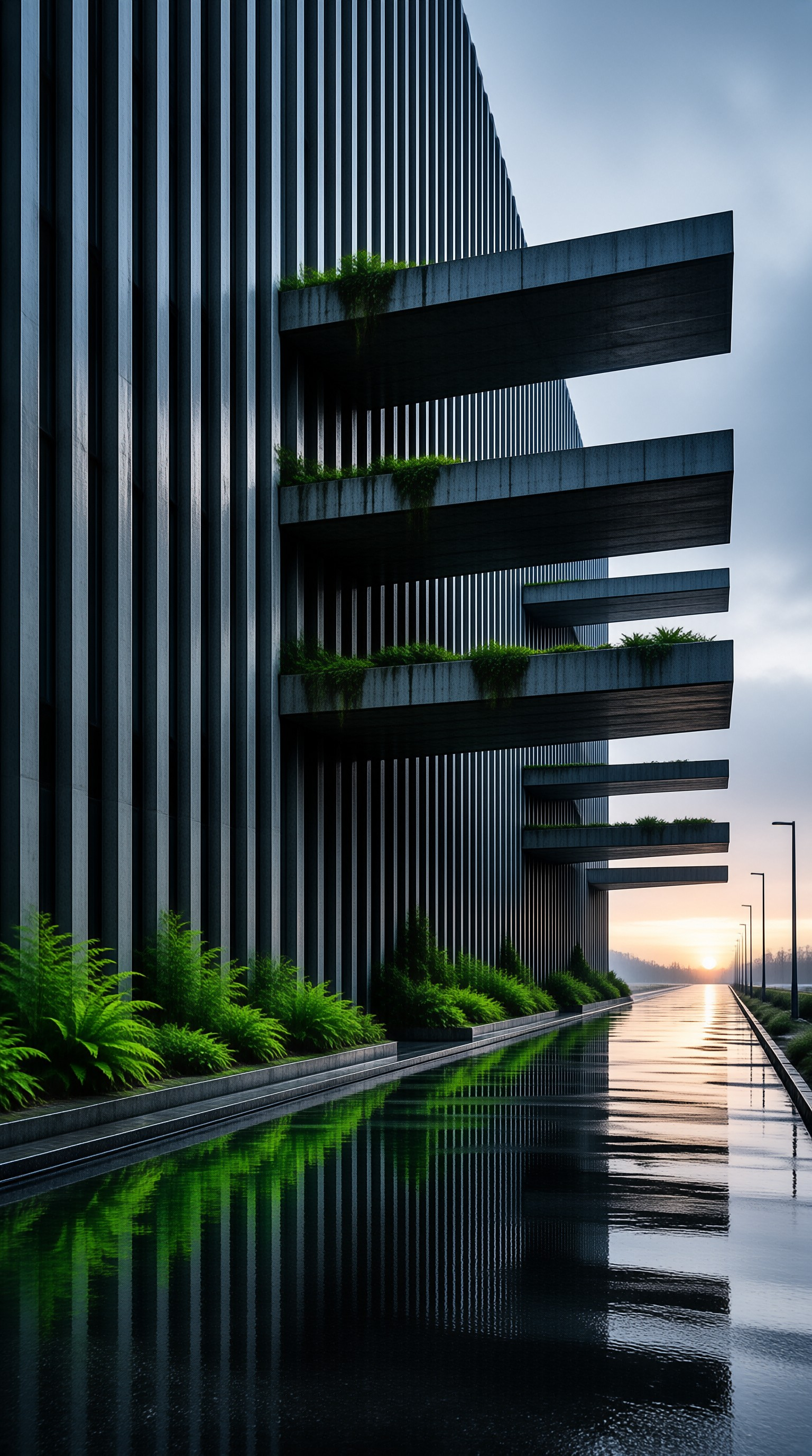 Vertical building facade with cantilevered balconies reflected in a long water channel during sunset.