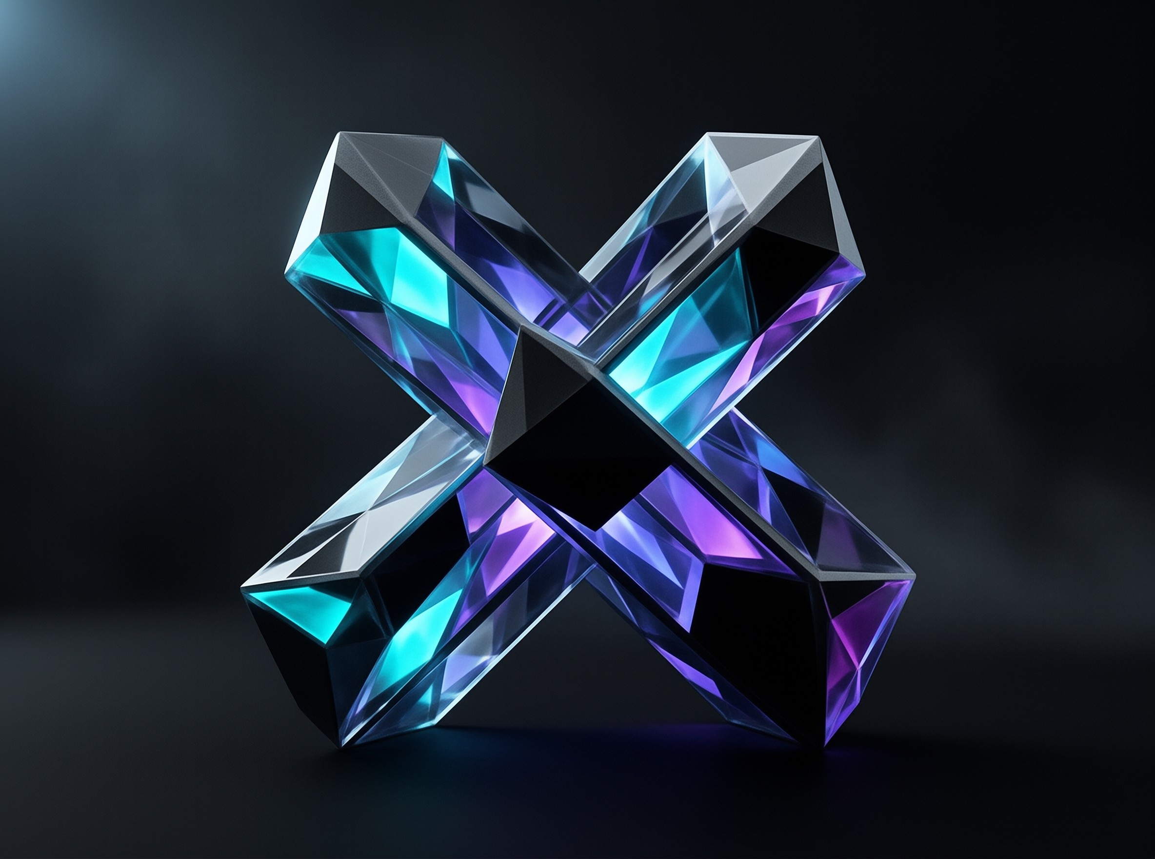 A faceted crystalline X shape displays shades of cyan and violet while resting on a dark surface.