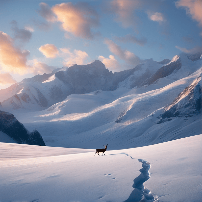 A single deer walks a vast snow slope leaving footprints, with sunlit peaks and peach clouds above an alpine valley.