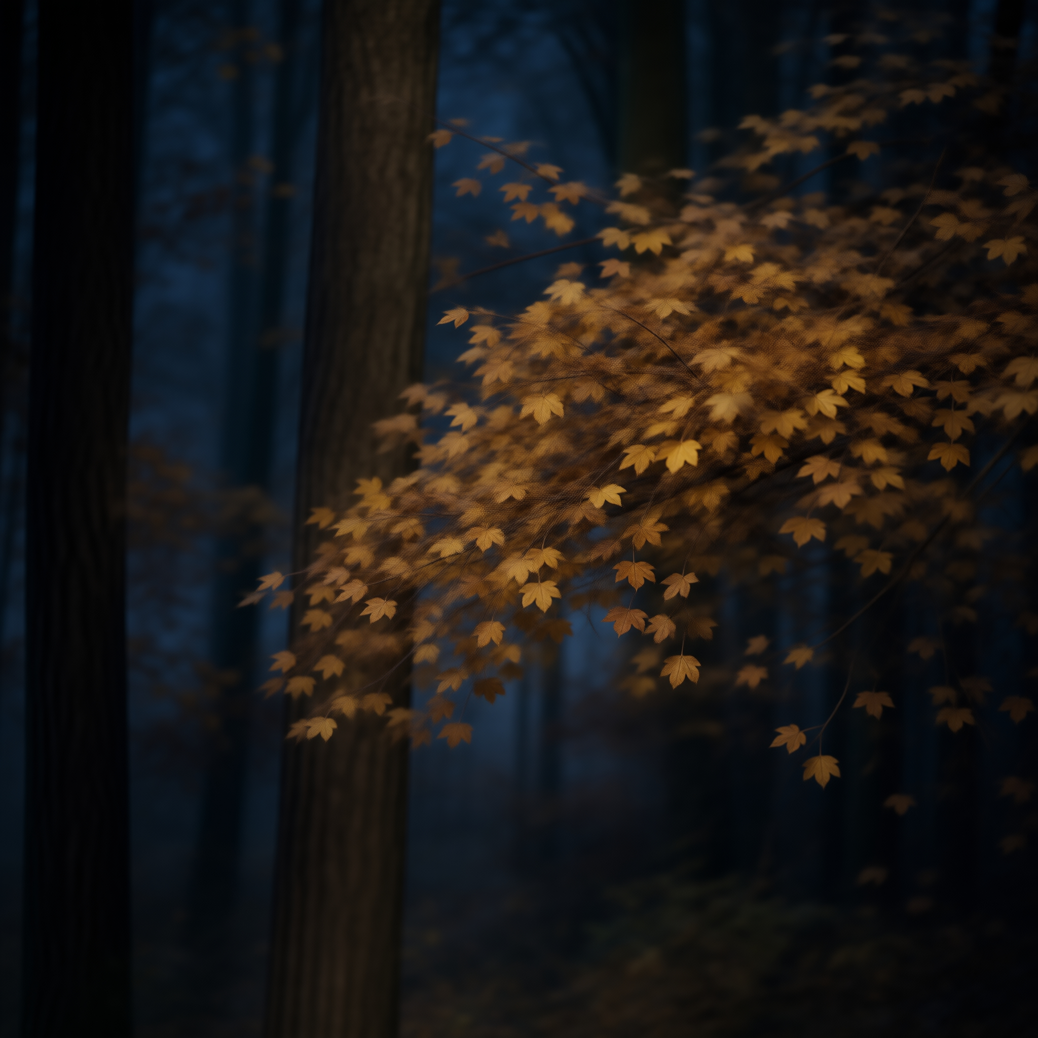Autumn Leaves in Dark Forest