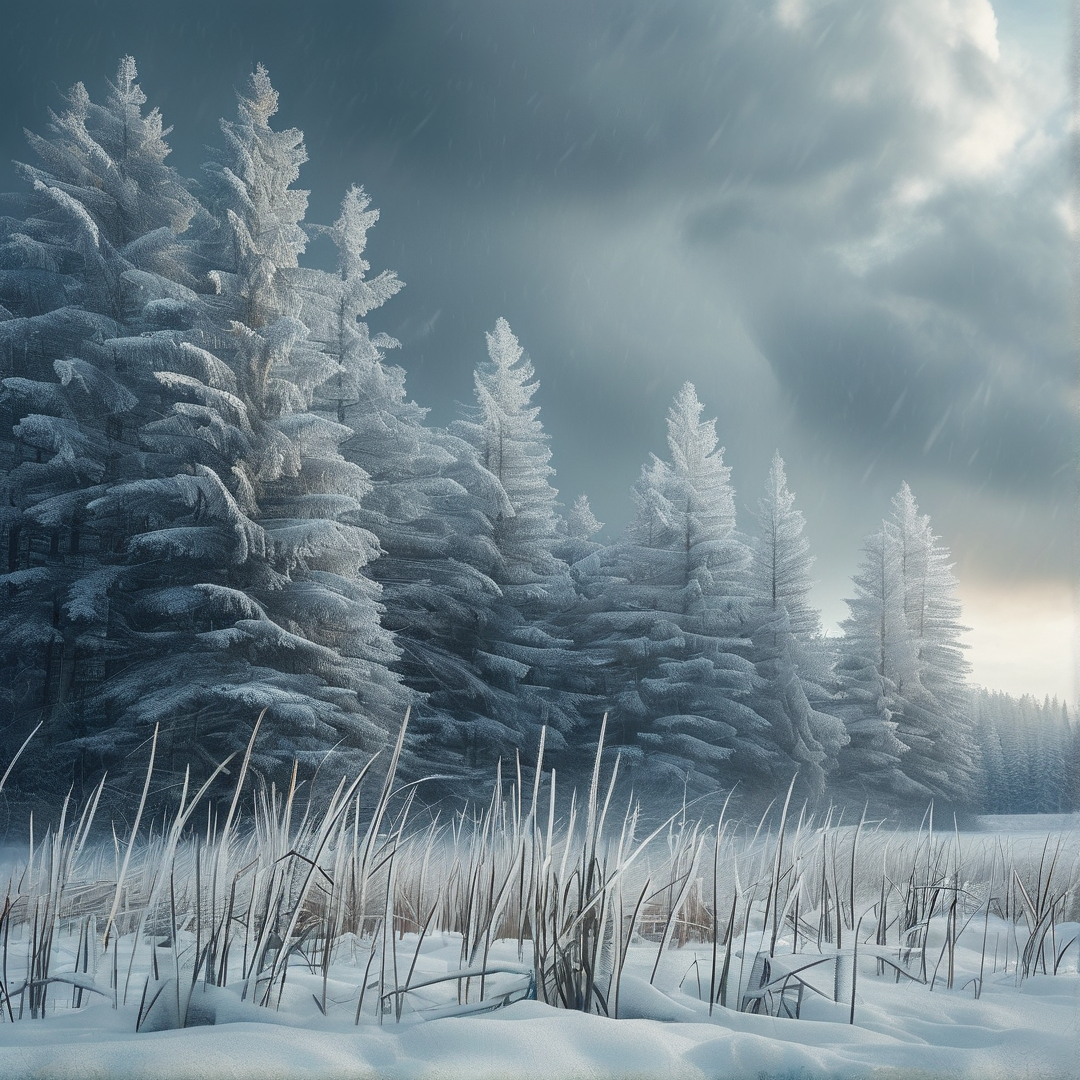 A serene winter landscape featuring snow-laden evergreen trees in a forest with rays of light piercing through the cloudy sky
