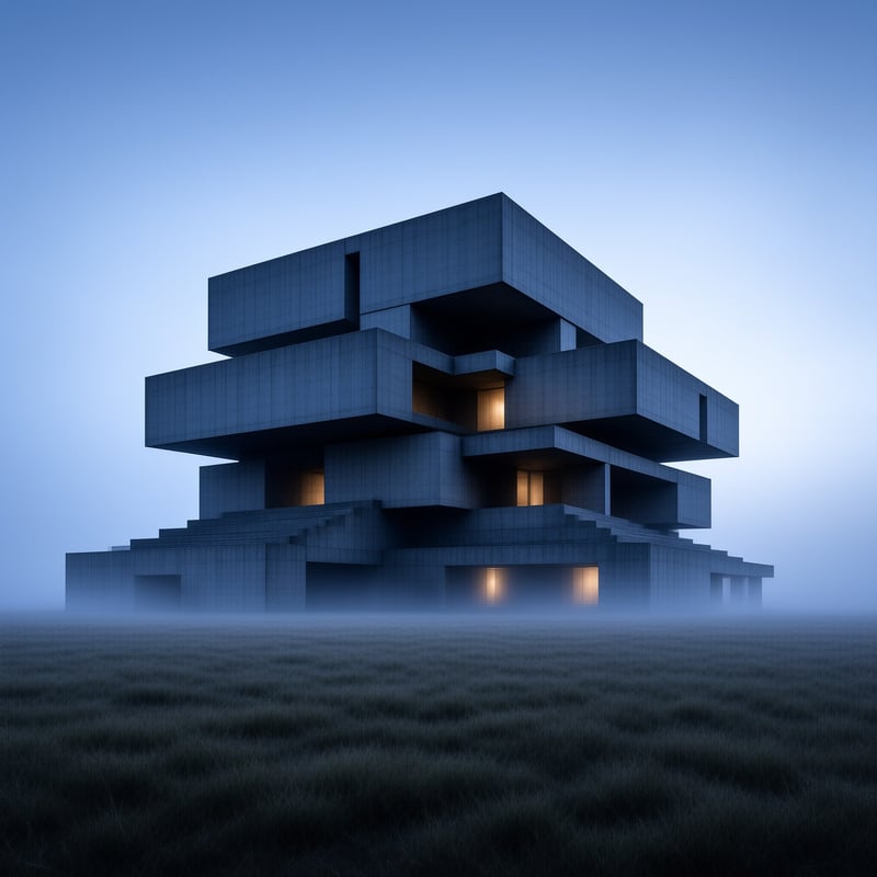 Stacked concrete volumes form a brutalist building in a misty field with warm lights glowing against a blue sky.