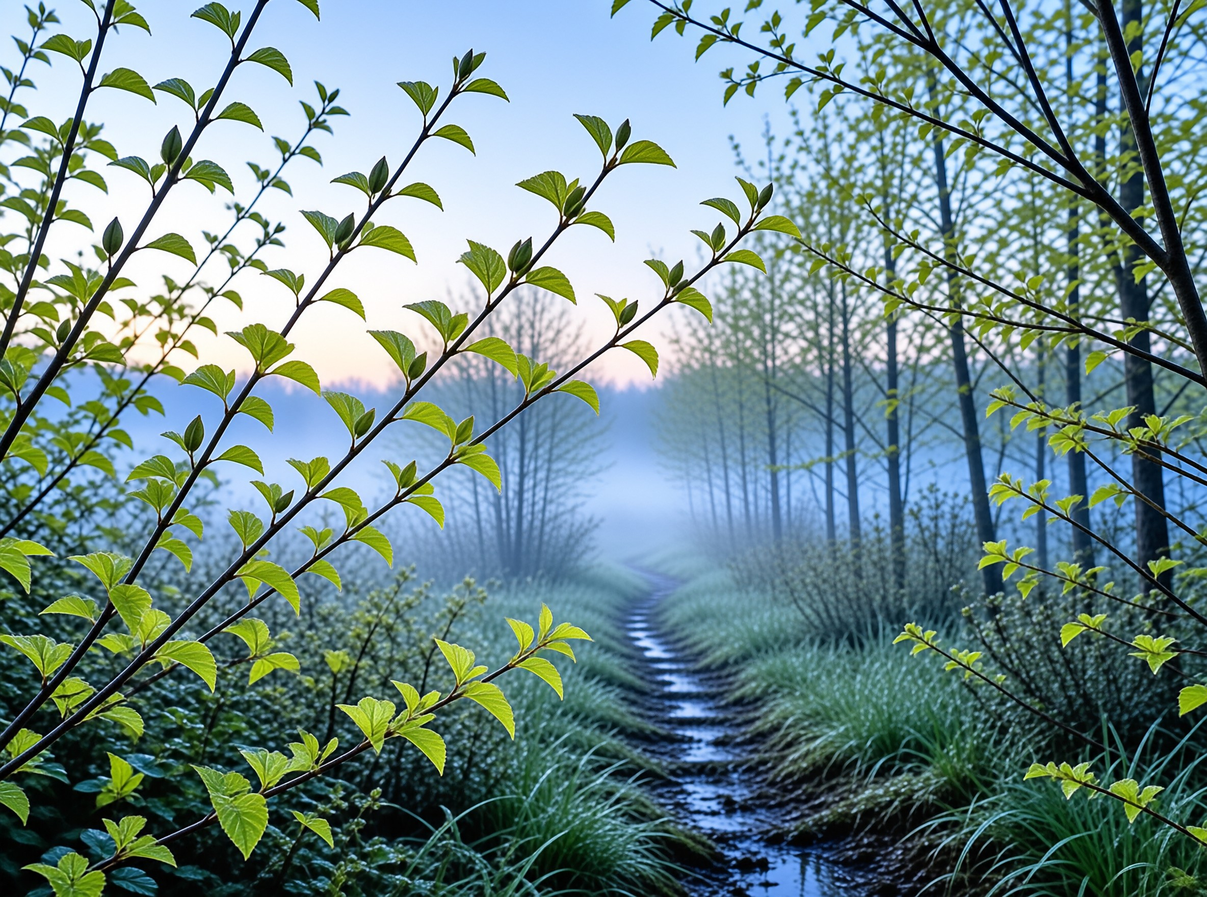 Misty Forest Path at Dawn
