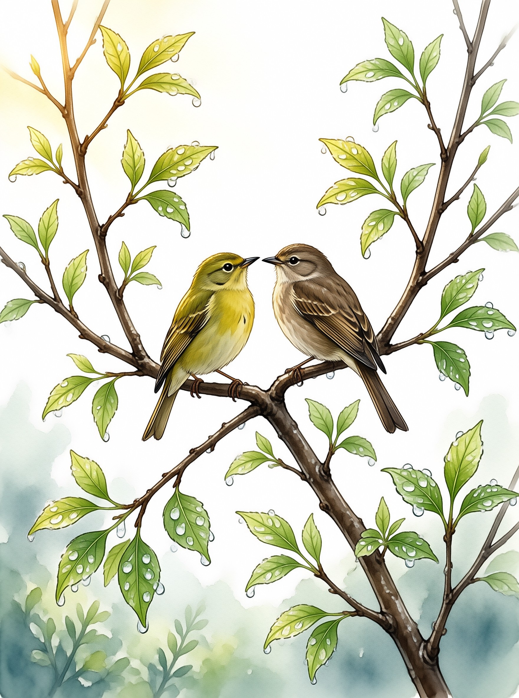 Two small songbirds face each other on a leafy branch dotted with glistening raindrops in a soft watercolor