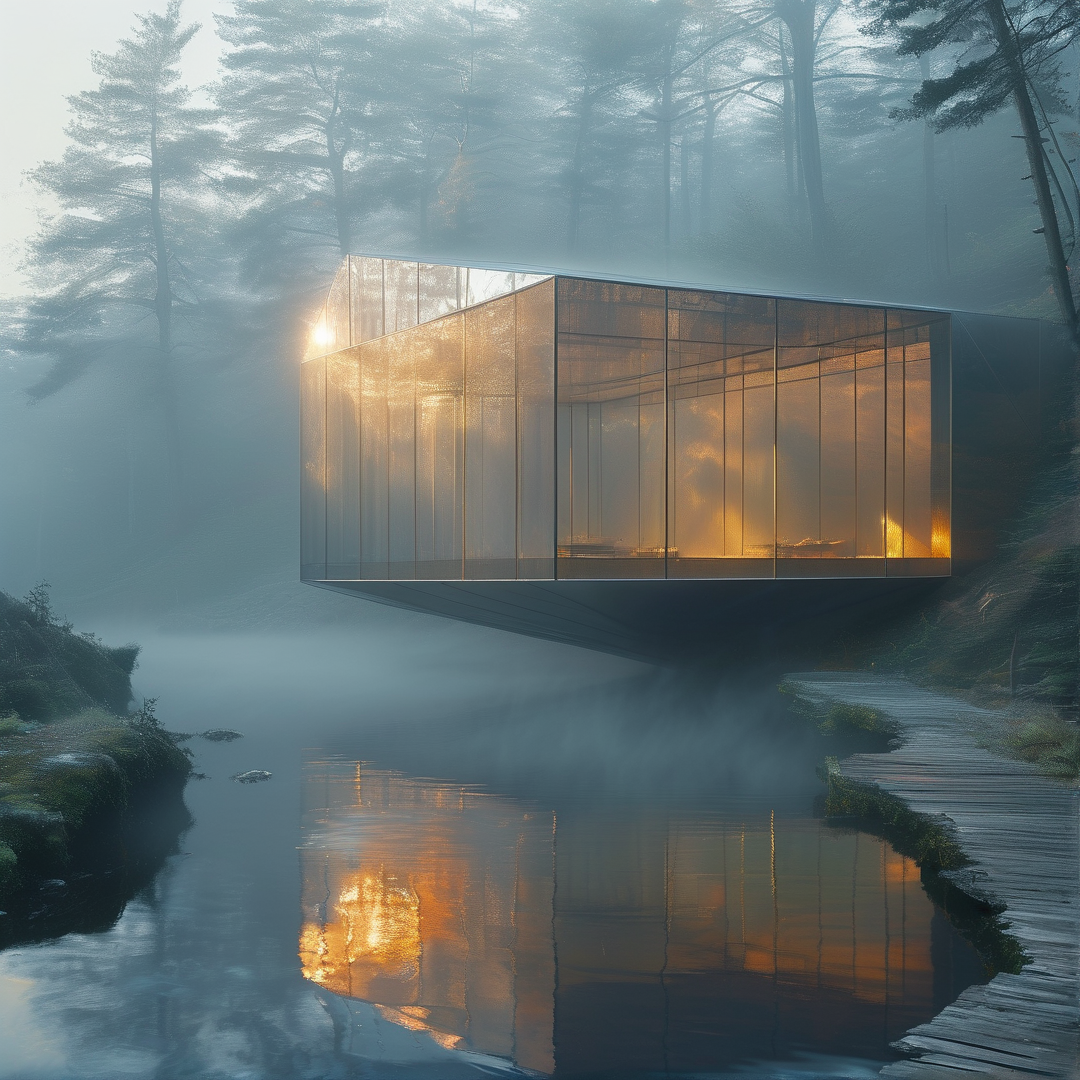 Glass Pavilion in Misty Woods