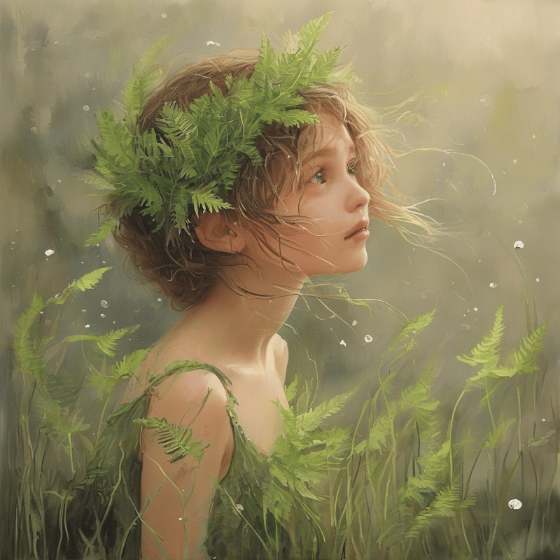 A young girl with a fern crown and leaf dress stands amid tall greenery and floating water droplets in warm diffused light