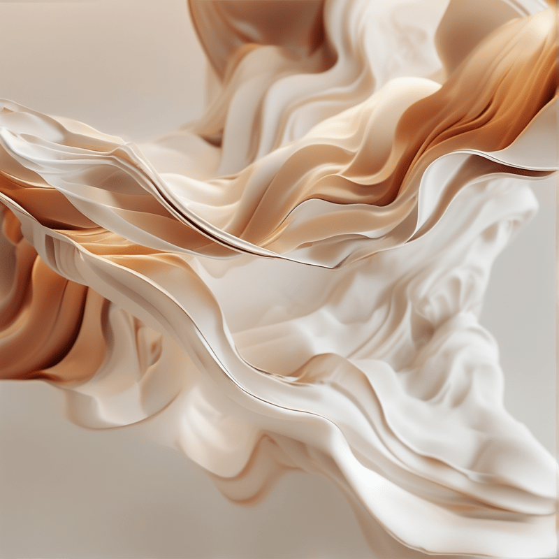 Cream and tan silk ripples curve on a pale surface, with soft light highlighting their glossy folds and gentle undulations.