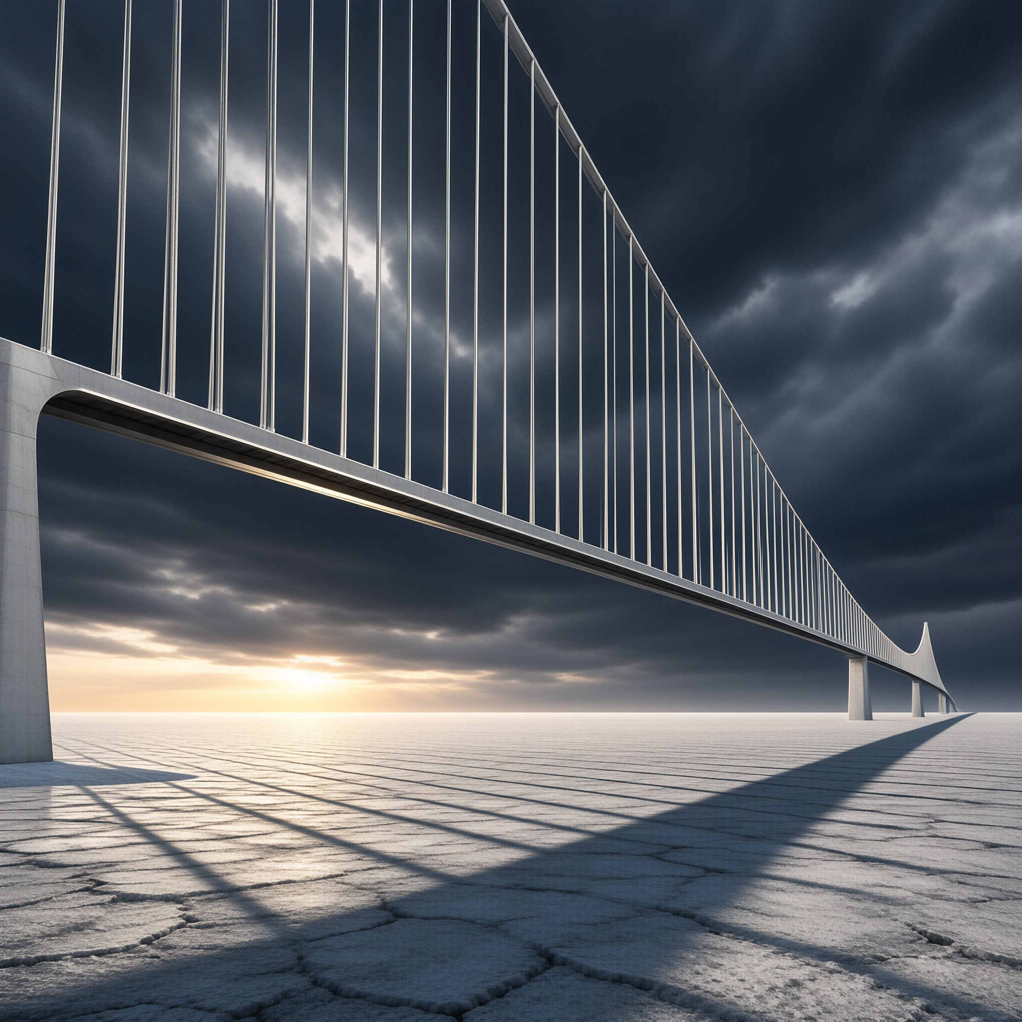 A white bridge with vertical bars crosses a cracked surface under a dark stormy sky with sunlight emerging at the horizon.
