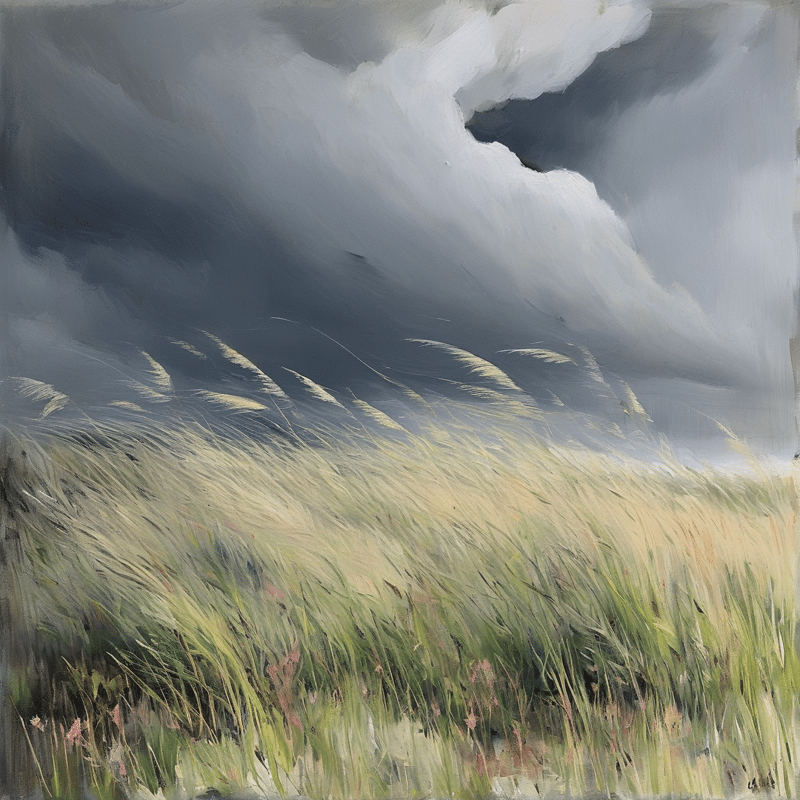 Oil painting of sunlit tall grass bent sideways by strong wind against a dark rolling storm cloud backdrop