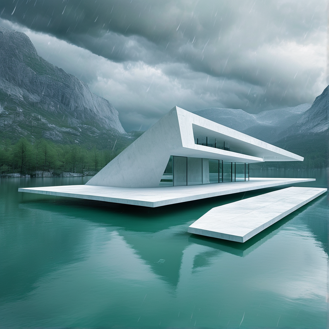A stark geometric white building rests on flat platforms above a calm teal lake surrounded by steep mountains under a cloudy rainy sky.