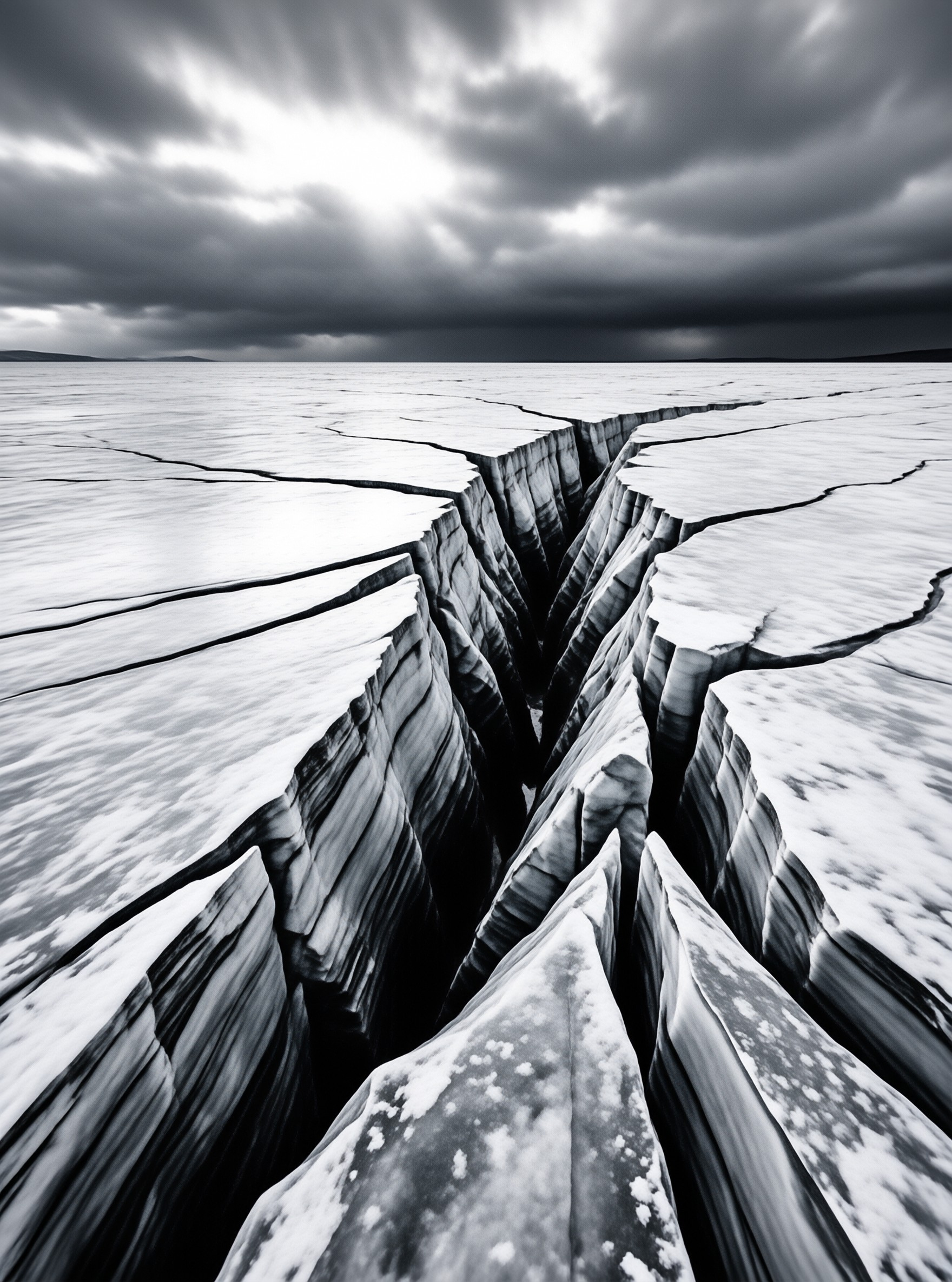 Deep fissures split a vast frozen expanse beneath a dramatic overcast sky in this black and white image.