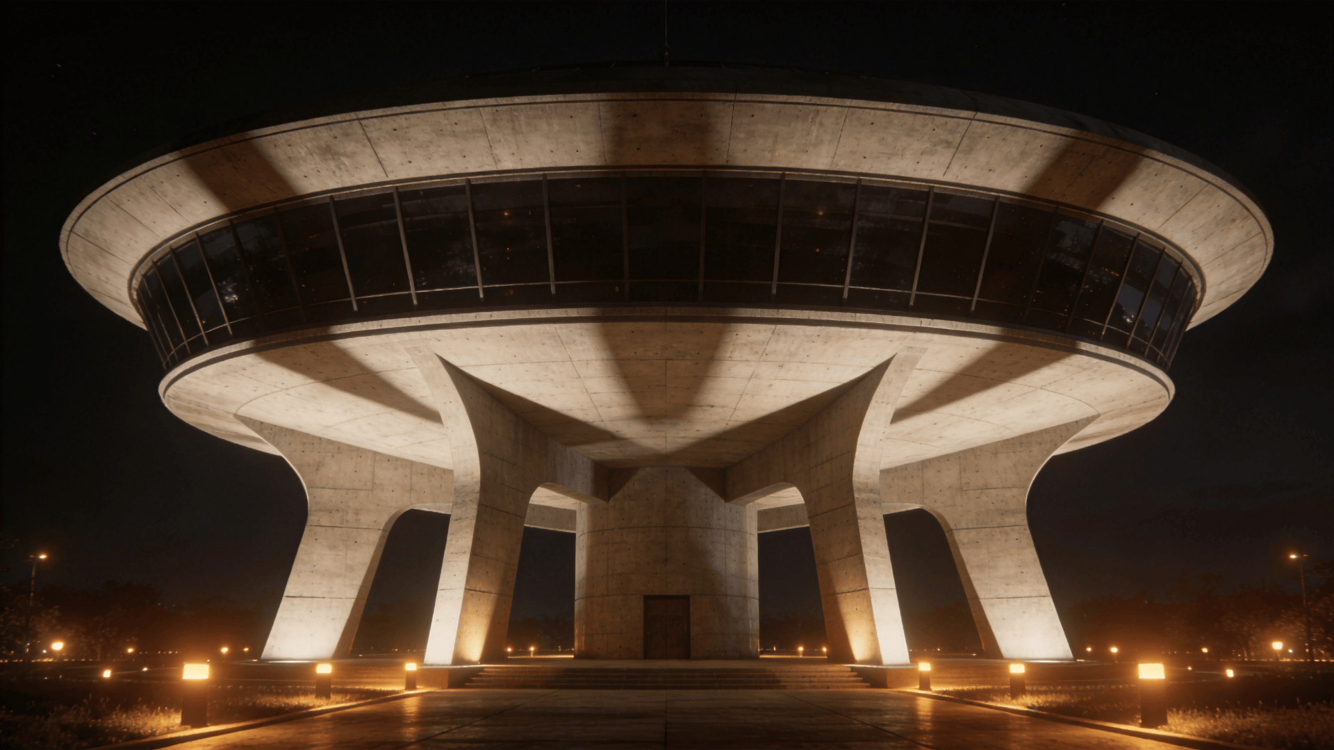 Observatory with Curved Concrete — Night With Warm Lights