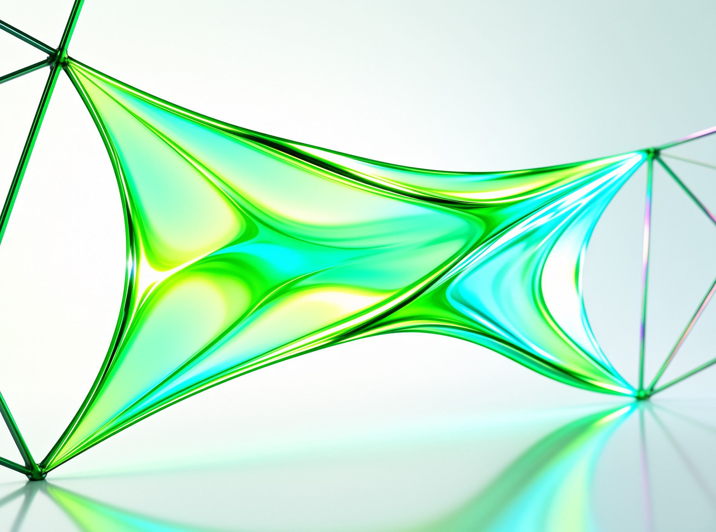 A translucent iridescent tensile panel with green and cyan wavy ripples stretches between taut green wires, softly reflected on pale glossy ground beneath it.