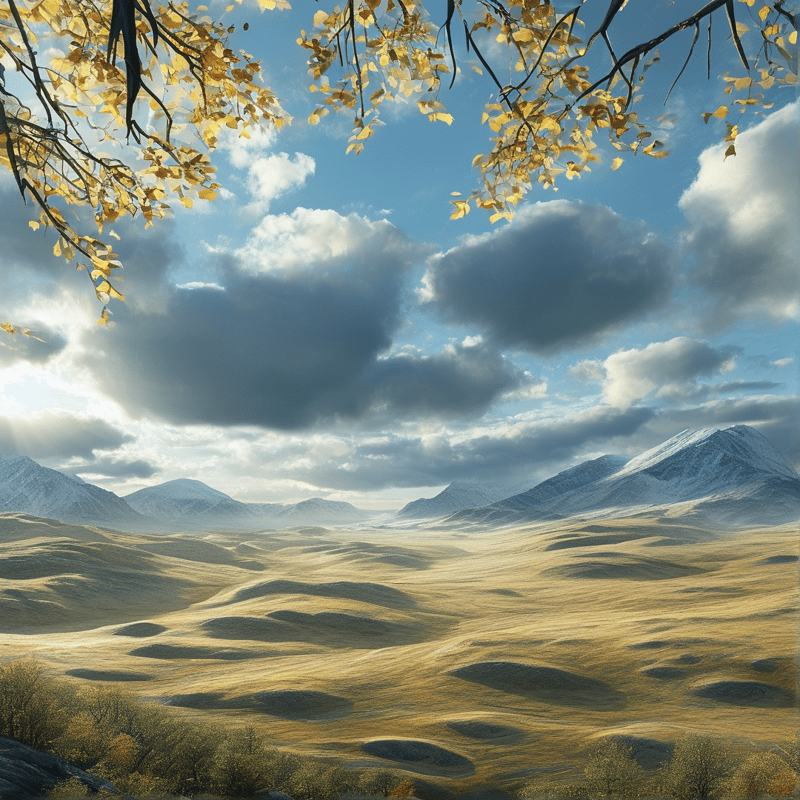 Golden Hills and Snowy Mountains