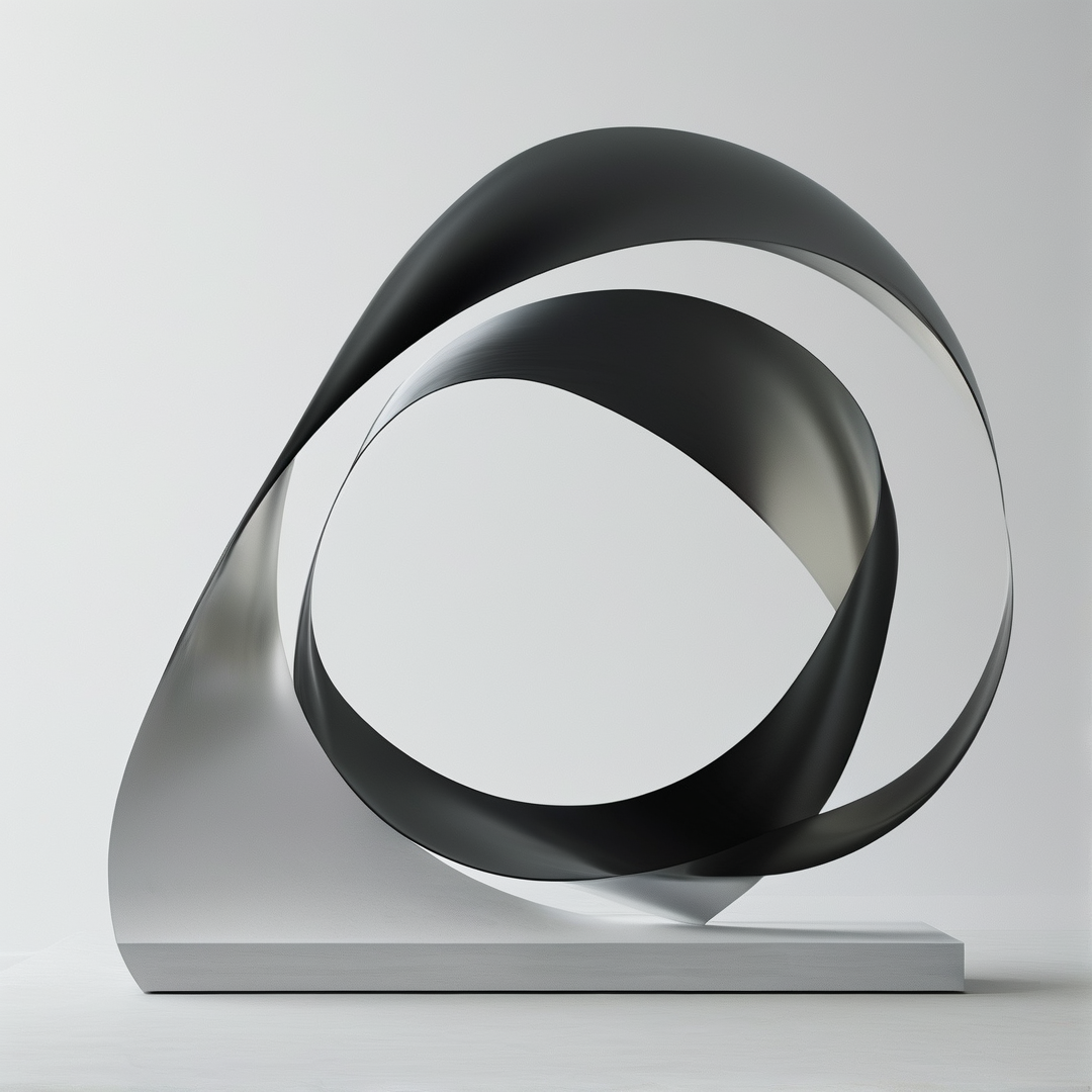 An abstract metal artwork with flowing black and silver curves resting on a simple grey base in a bright studio.