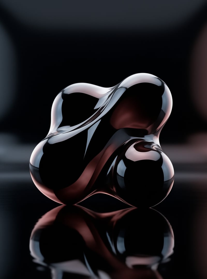 A glossy black abstract sculpture sits on a dark surface, showing white highlights and a clear reflection below.