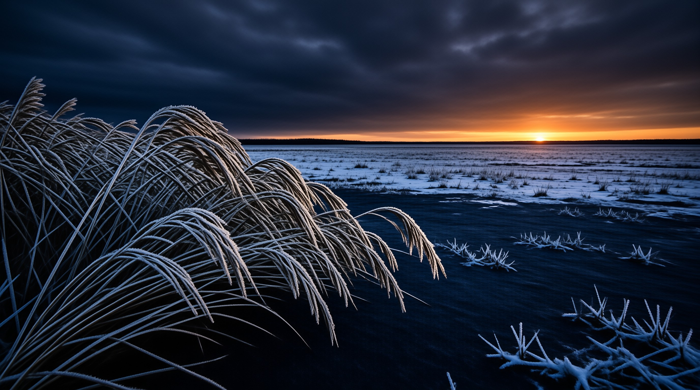Icy feathery reeds bend in the foreground while the sun sets over a frozen snow dusted lake.