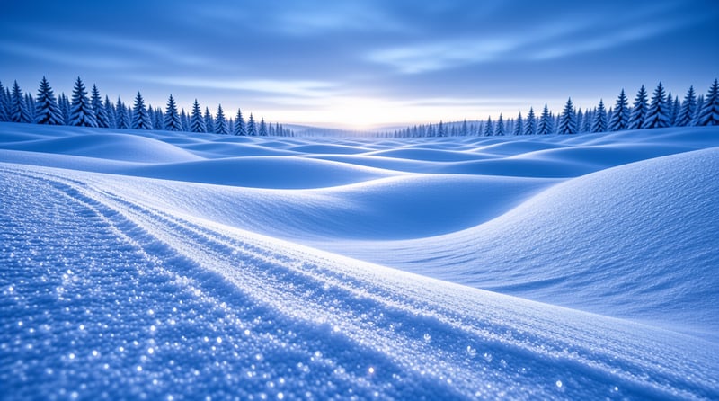 Rolling fields of white snow stretch towards a distant forest line under a pale blue sky.