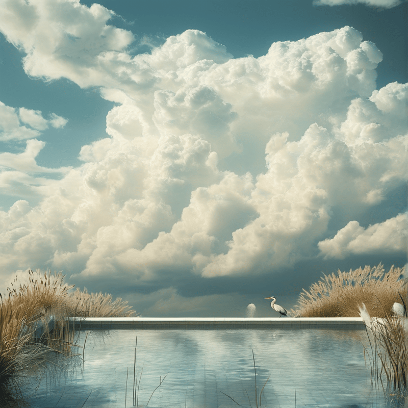 A white heron stands on a smooth white ledge above calm water while enormous cumulus clouds dominate the sky.
