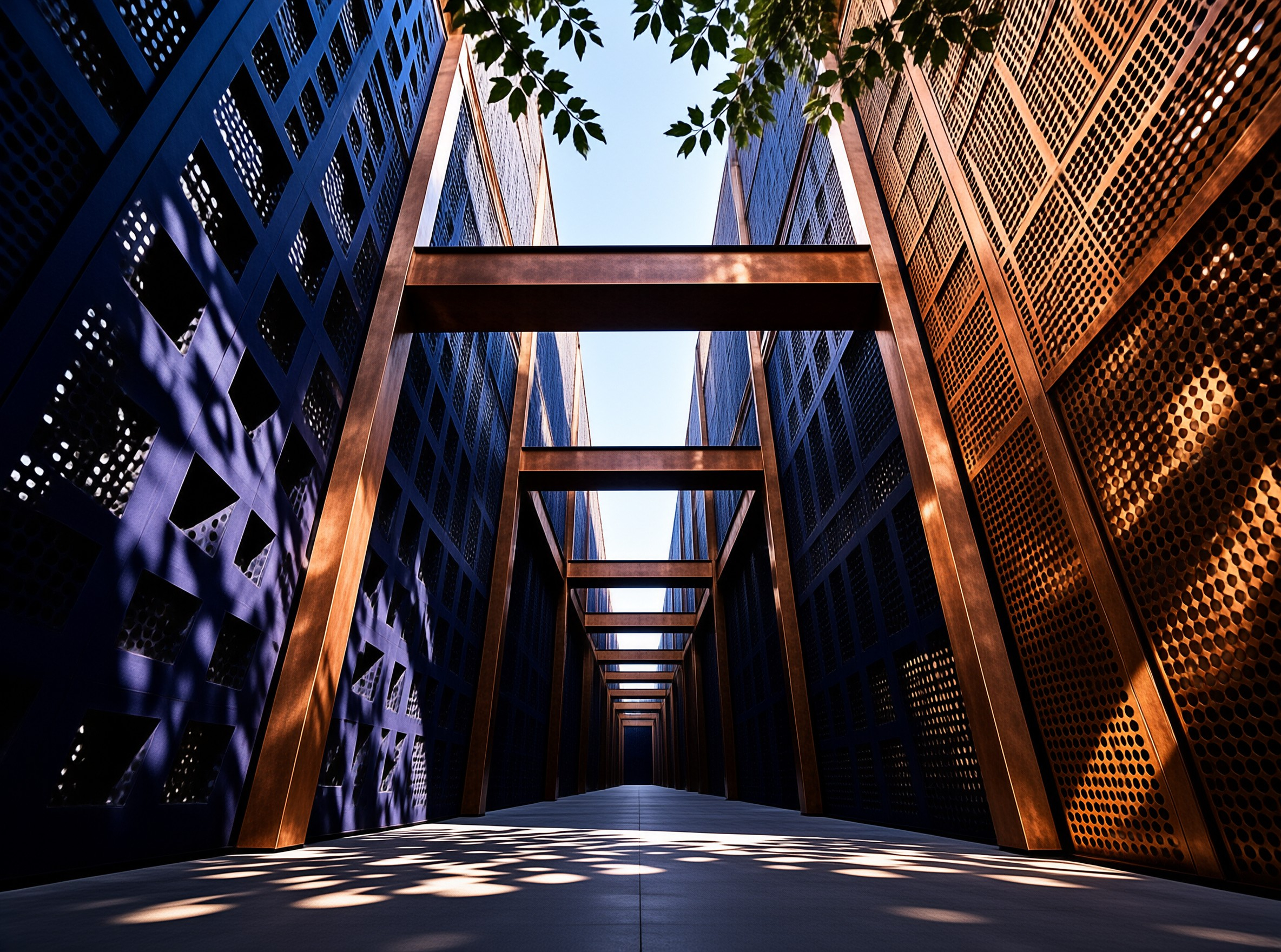 A huge glass archway frames a green valley while warm windows glow along curving terraces at dusk
